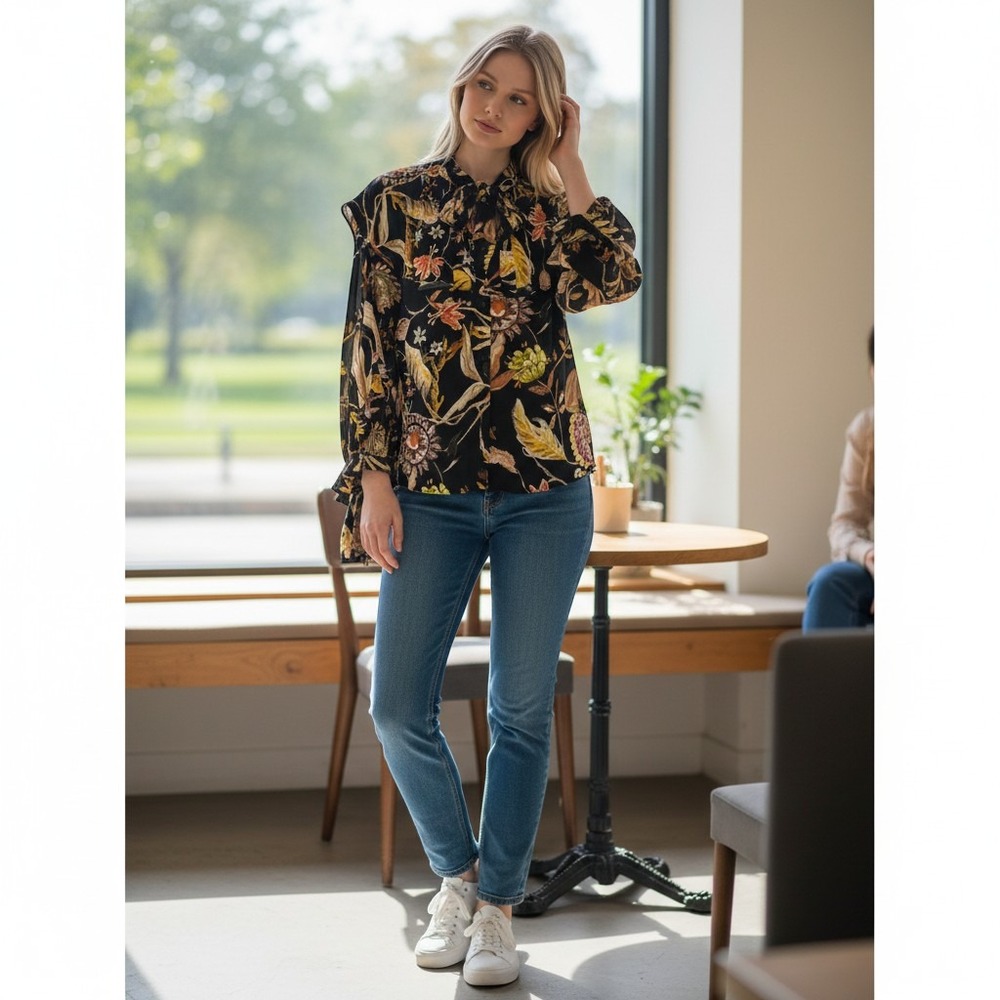 Floral Print Long Sleeve Boho Blouse Large Ruffled Victorian Whimsigoth Western